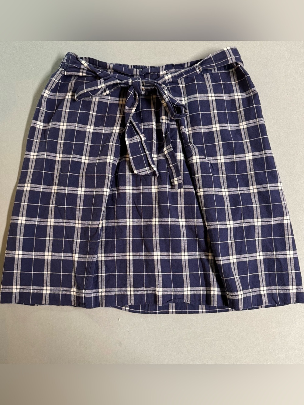 Madewell women’s M Linen Blend Mini- Skirt Blue Plaid Tie-Front preppy pleated